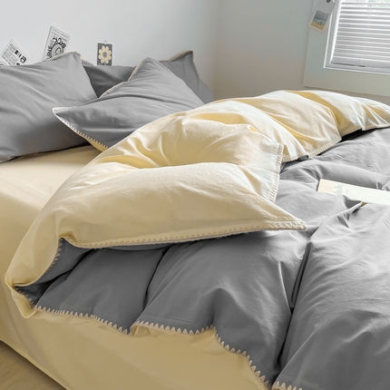 眠帛 2024新款水洗棉贝壳边四件套 浅灰-奶黄