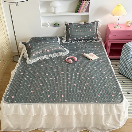 91家纺网 家纺一手货源 找家纺 昔可 新款床裙款乳胶凉席双层雪纺纱乳胶凉席三件套 复古蔷薇