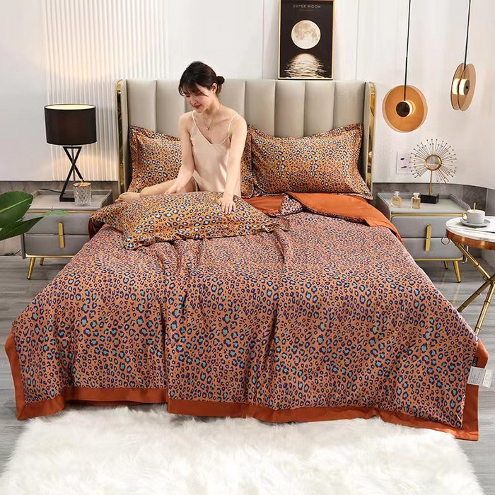 91家纺网 家纺一手货源 找家纺 丽卡家纺 2024新款水洗真丝夏被四件套 豹纹橘