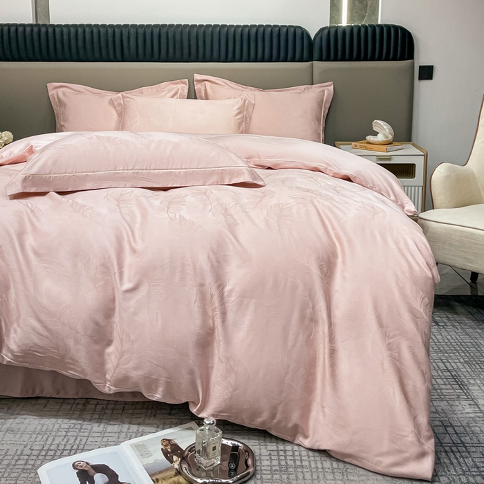 91家纺网 家纺一手货源 找家纺 艾迪尚家纺 2025新款天丝棉提花四件套 羽翼 梅子粉