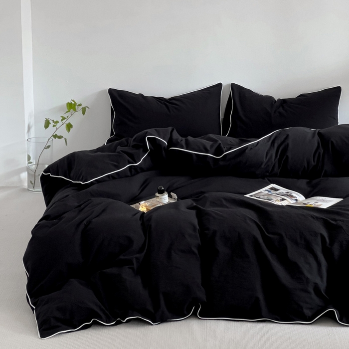 91家纺网 家纺一手货源 找家纺 梦家居 2024新款全棉色织水洗棉禁欲黑色系四件套 黑色—滚边款