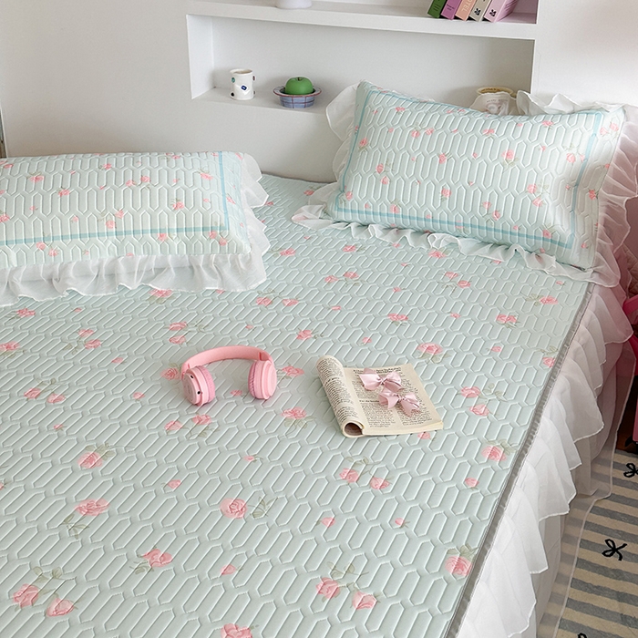 91家纺网 家纺一手货源 找家纺 昔可 新款床裙款乳胶凉席双层雪纺纱乳胶凉席三件套 少女玫瑰