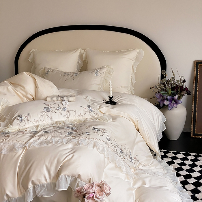 91家纺网 家纺一手货源 找家纺 品家居 2025新款全棉100支长绒棉刺绣四件套-梦里花开 浅香槟