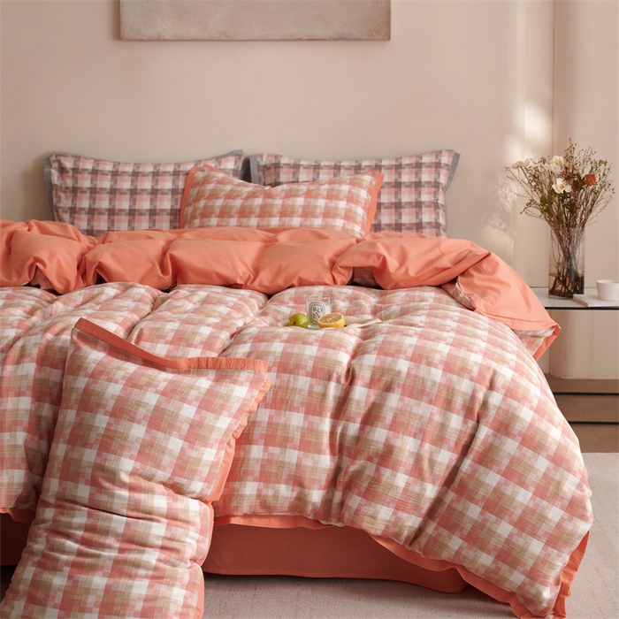 91家纺网 家纺一手货源 找家纺 榻尚家居  2024新款经典田园格子色织水洗棉系列 轻居 橘