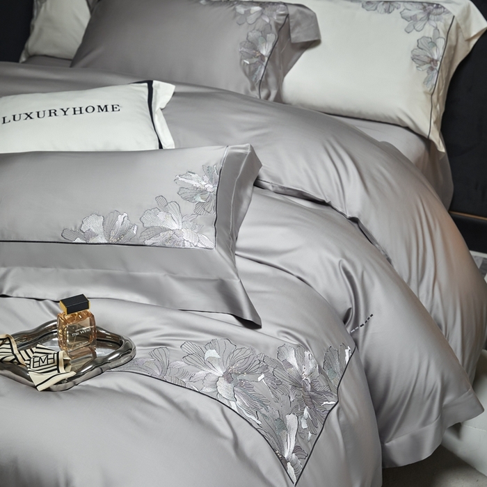 91家纺网 家纺一手货源 找家纺 榻尚家居 2024新款纯色绣花天丝棉四件套 丽芙 灰