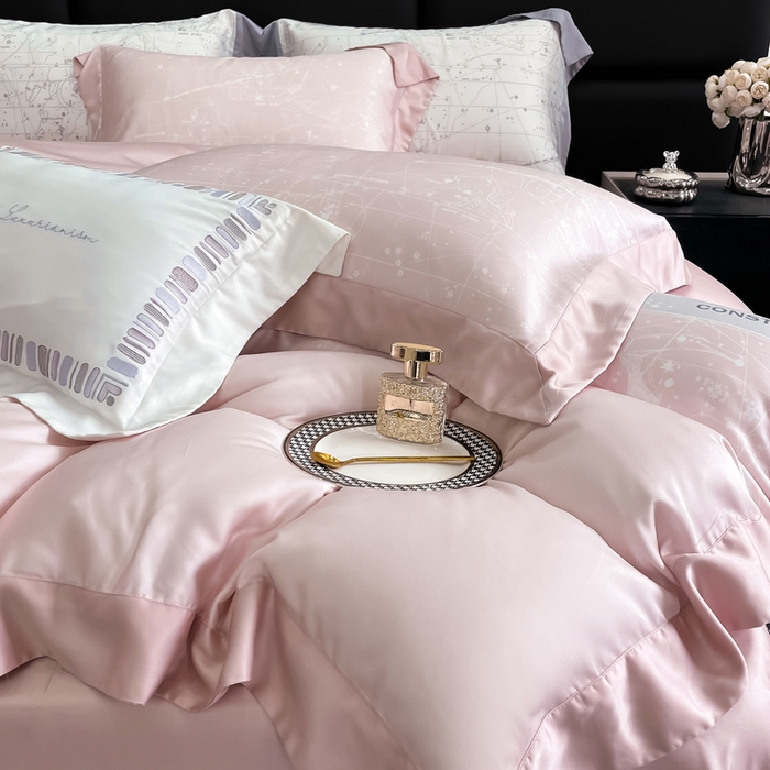 91家纺网 家纺一手货源 找家纺 若未家居2025新款50支兰精天丝轻奢风数码印花套件 狮子座  狮子座 浅粉