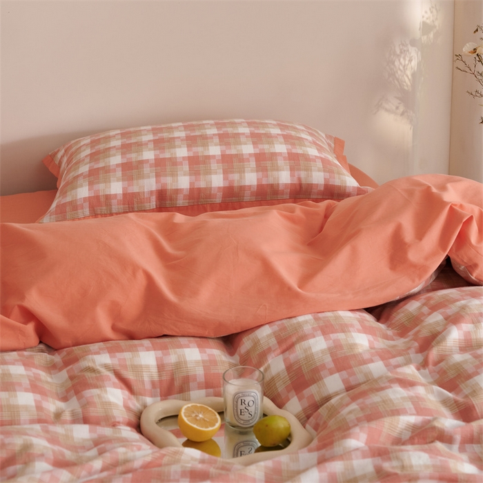 91家纺网 家纺一手货源 找家纺 榻尚家居  2024新款经典田园格子色织水洗棉系列 轻居 橘