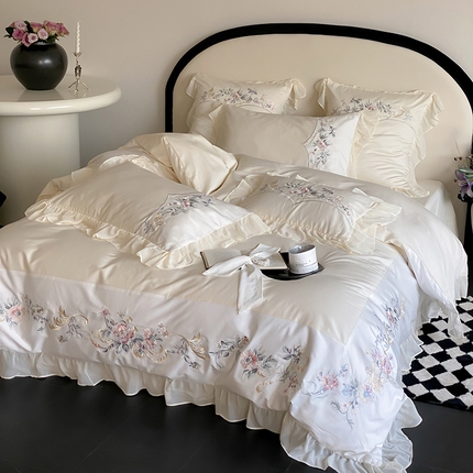 品家居 2025新款全棉100支长绒棉刺绣四件套-夏洛特 浅香槟