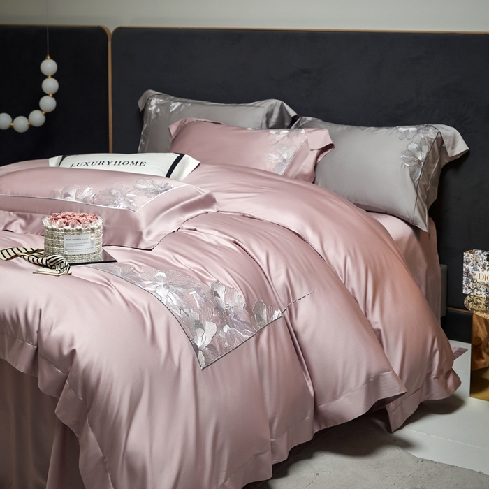 91家纺网 家纺一手货源 找家纺 榻尚家居 2024新款纯色绣花天丝棉四件套 丽芙 豆沙