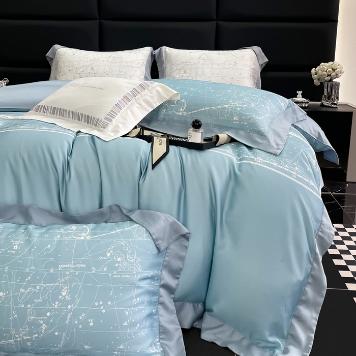 91家纺网 家纺一手货源 找家纺 若未家居2025新款50支兰精天丝轻奢风数码印花套件 狮子座 狮子座 浅蓝