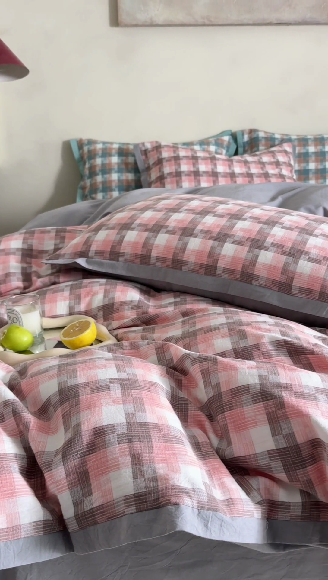 91家纺网 家纺一手货源 找家纺 榻尚家居  2024新款经典田园格子色织水洗棉系列 轻居 粉