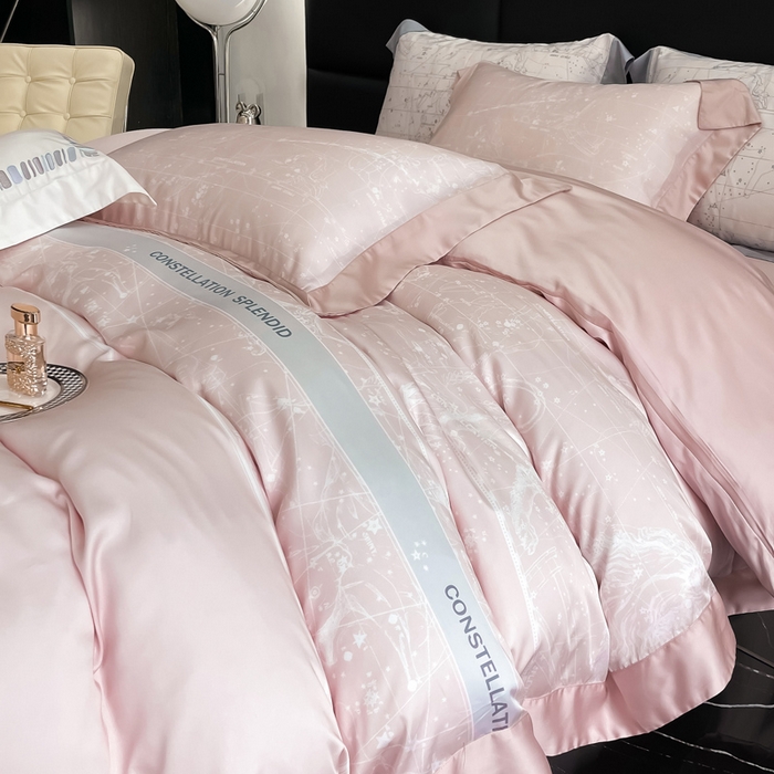 91家纺网 家纺一手货源 找家纺 若未家居2025新款50支兰精天丝轻奢风数码印花套件 狮子座  狮子座 浅粉