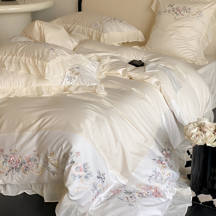 91家纺网 家纺一手货源 找家纺 品家居 2025新款全棉100支长绒棉刺绣四件套-夏洛特 浅香槟