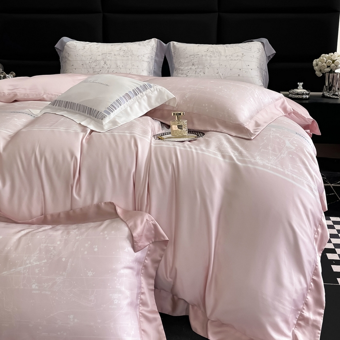 91家纺网 家纺一手货源 找家纺 若未家居2025新款50支兰精天丝轻奢风数码印花套件 狮子座  狮子座 浅粉