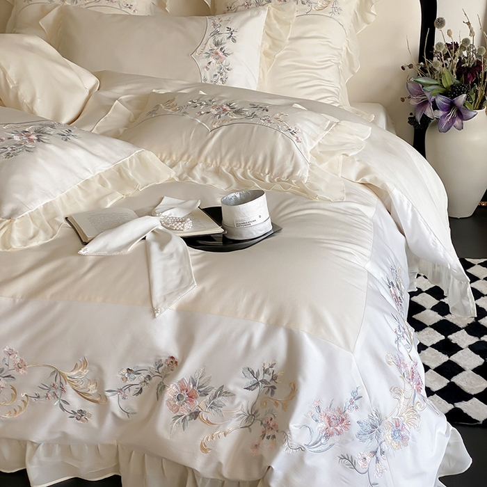 91家纺网 家纺一手货源 找家纺 品家居 2025新款全棉100支长绒棉刺绣四件套-夏洛特 浅香槟