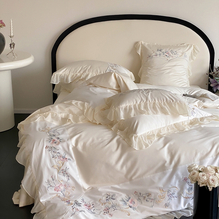 91家纺网 家纺一手货源 找家纺 品家居 2025新款全棉100支长绒棉刺绣四件套-夏洛特 浅香槟