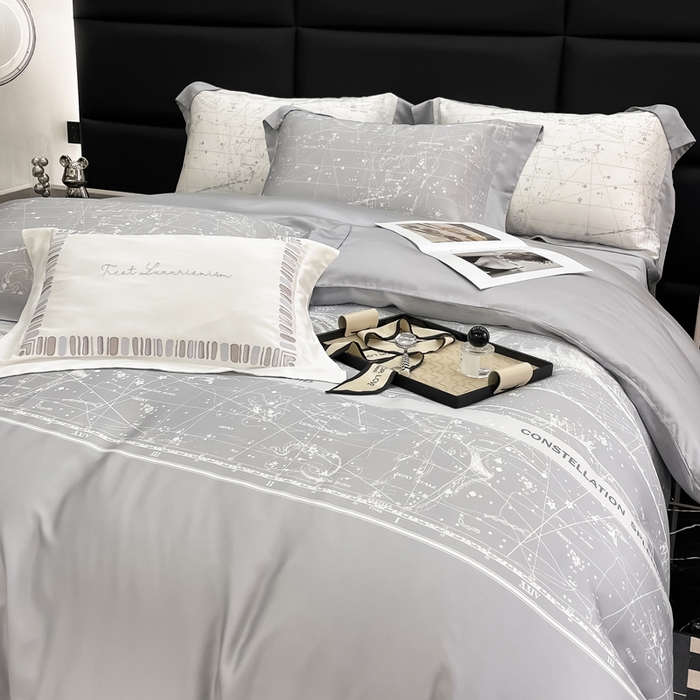 91家纺网 家纺一手货源 找家纺 若未家居2025新款50支兰精天丝轻奢风数码印花套件 狮子座 狮子座 灰