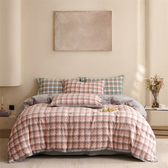 91家纺网 家纺一手货源 找家纺 榻尚家居  2024新款经典田园格子色织水洗棉系列 轻居 粉