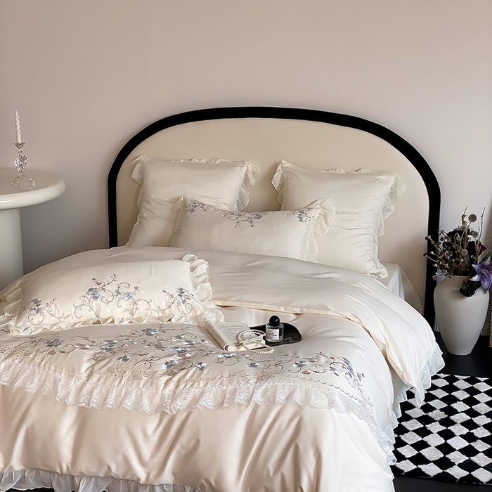 91家纺网 家纺一手货源 找家纺 品家居 2025新款全棉100支长绒棉刺绣四件套-梦里花开 浅香槟