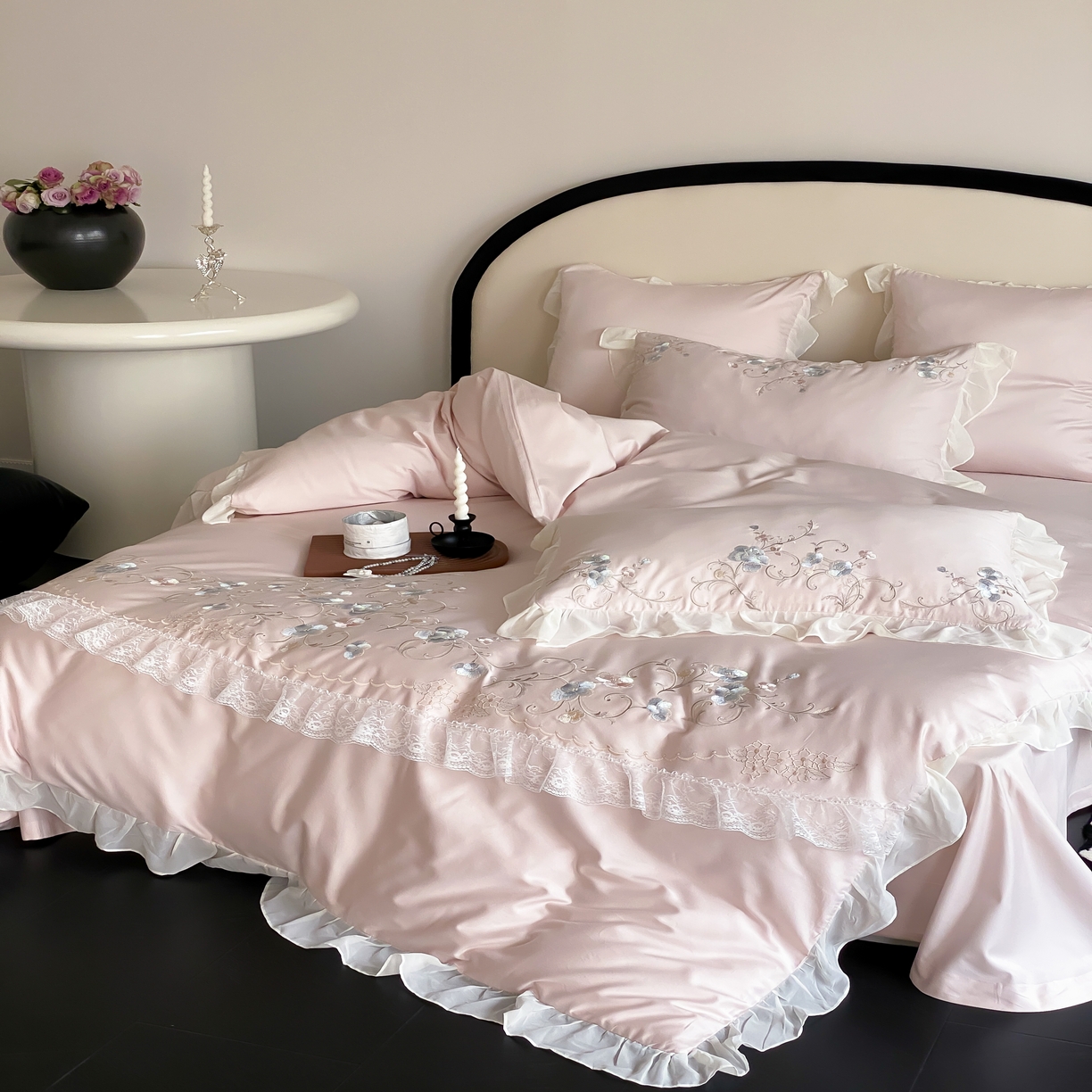 91家纺网 家纺一手货源 找家纺 品家居 2025新款全棉100支长绒棉刺绣四件套-梦里花开 粉色