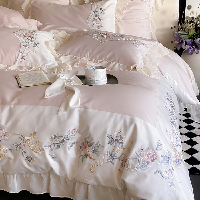 91家纺网 家纺一手货源 找家纺 品家居 2025新款全棉100支长绒棉刺绣四件套-夏洛特 粉