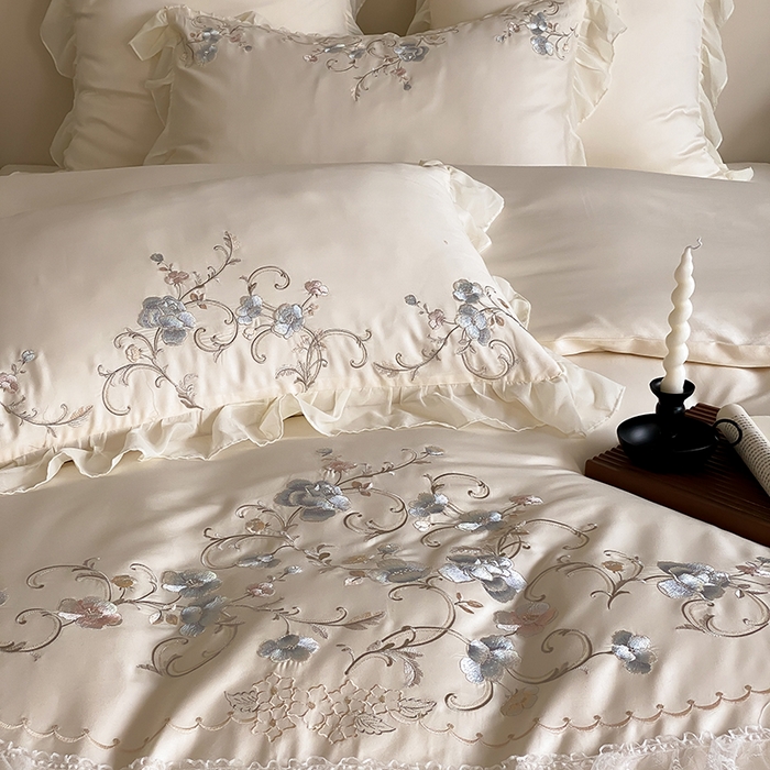 91家纺网 家纺一手货源 找家纺 品家居 2025新款全棉100支长绒棉刺绣四件套-梦里花开 浅香槟