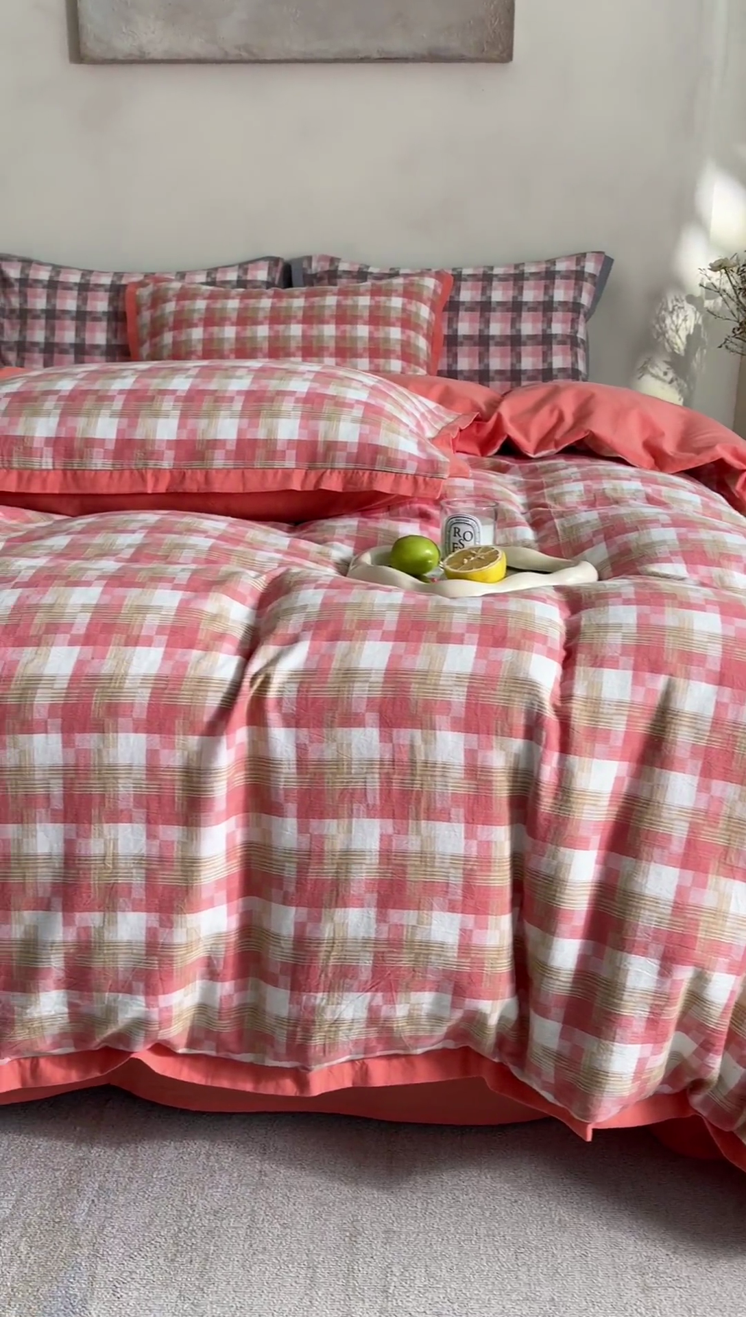 91家纺网 家纺一手货源 找家纺 榻尚家居  2024新款经典田园格子色织水洗棉系列 轻居 橘