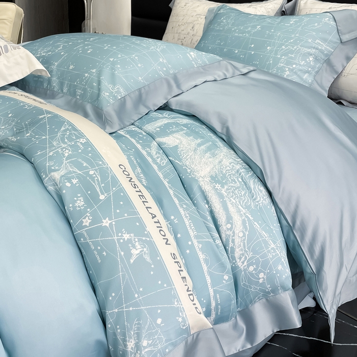 91家纺网 家纺一手货源 找家纺 若未家居2025新款50支兰精天丝轻奢风数码印花套件 狮子座 狮子座 浅蓝