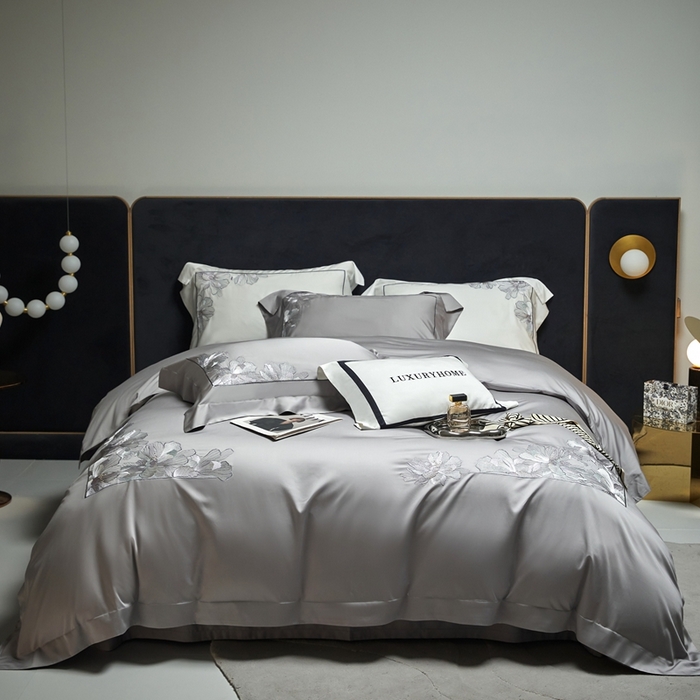 91家纺网 家纺一手货源 找家纺 榻尚家居 2024新款纯色绣花天丝棉四件套 丽芙 灰