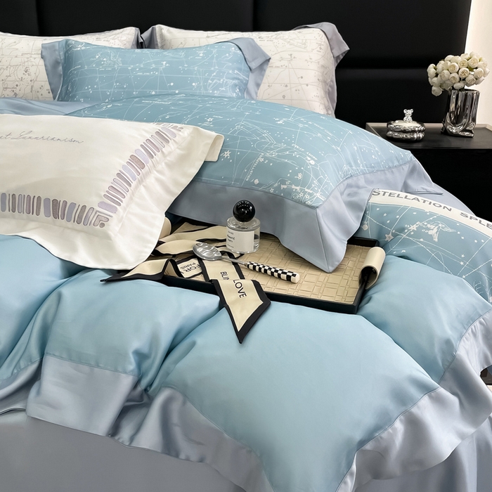 91家纺网 家纺一手货源 找家纺 若未家居2025新款50支兰精天丝轻奢风数码印花套件 狮子座 狮子座 浅蓝