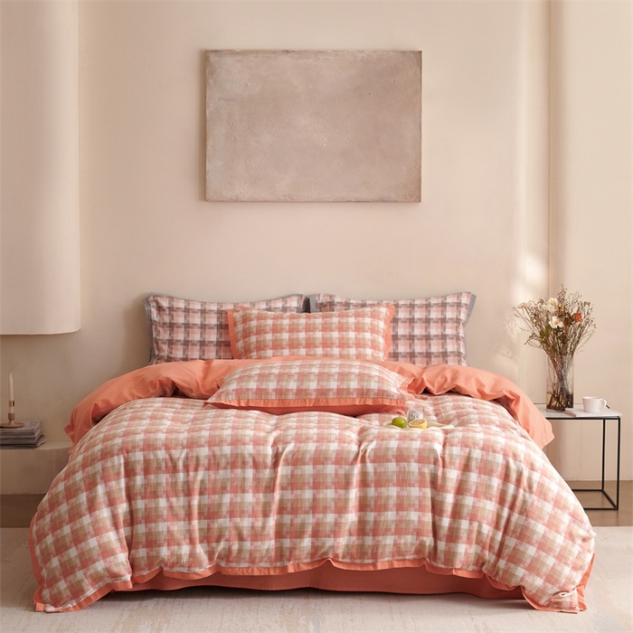 91家纺网 家纺一手货源 找家纺 榻尚家居  2024新款经典田园格子色织水洗棉系列 轻居 橘