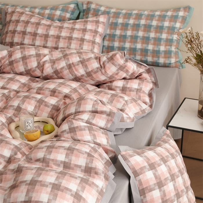 91家纺网 家纺一手货源 找家纺 榻尚家居  2024新款经典田园格子色织水洗棉系列 轻居 粉