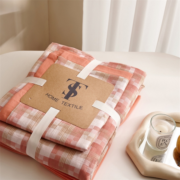 91家纺网 家纺一手货源 找家纺 榻尚家居  2024新款经典田园格子色织水洗棉系列 轻居 橘