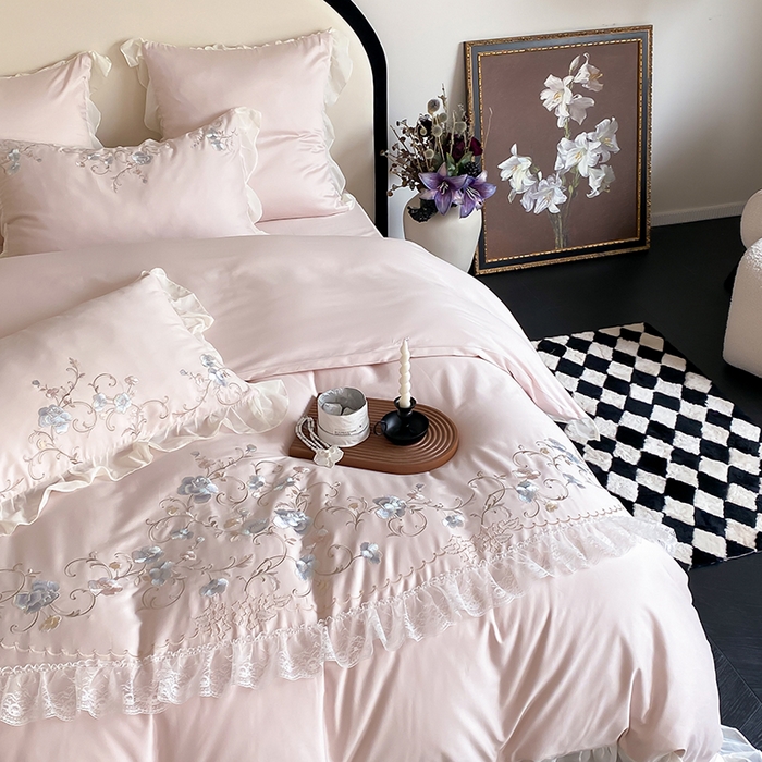 91家纺网 家纺一手货源 找家纺 品家居 2025新款全棉100支长绒棉刺绣四件套-梦里花开 粉色