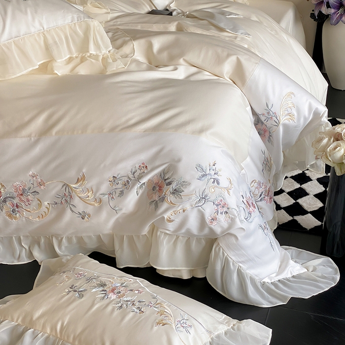 91家纺网 家纺一手货源 找家纺 品家居 2025新款全棉100支长绒棉刺绣四件套-夏洛特 浅香槟