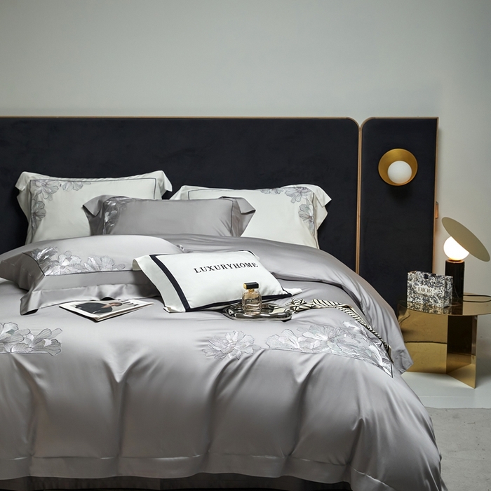 91家纺网 家纺一手货源 找家纺 榻尚家居 2024新款纯色绣花天丝棉四件套 丽芙 灰