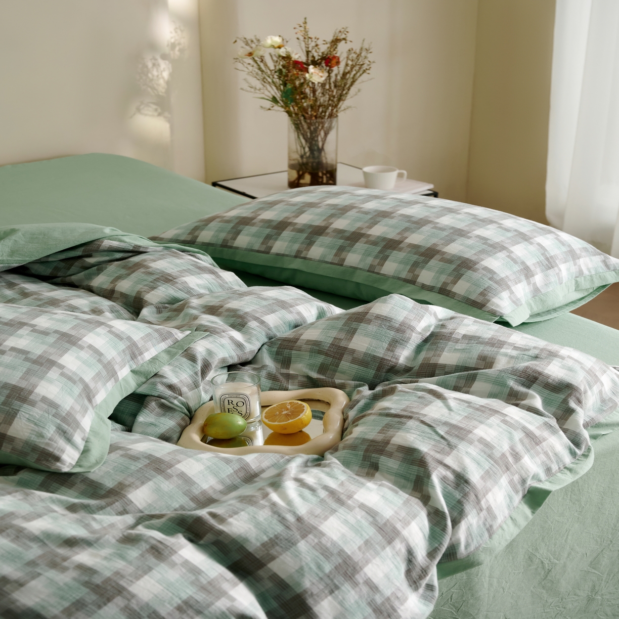 91家纺网 家纺一手货源 找家纺 榻尚家居  2024新款经典田园格子色织水洗棉系列 轻居 绿