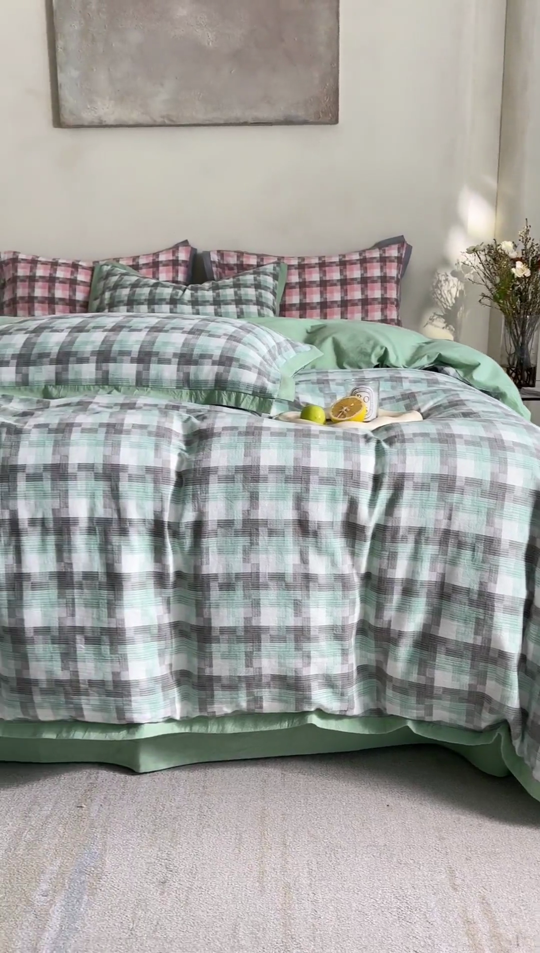 91家纺网 家纺一手货源 找家纺 榻尚家居  2024新款经典田园格子色织水洗棉系列 轻居 绿