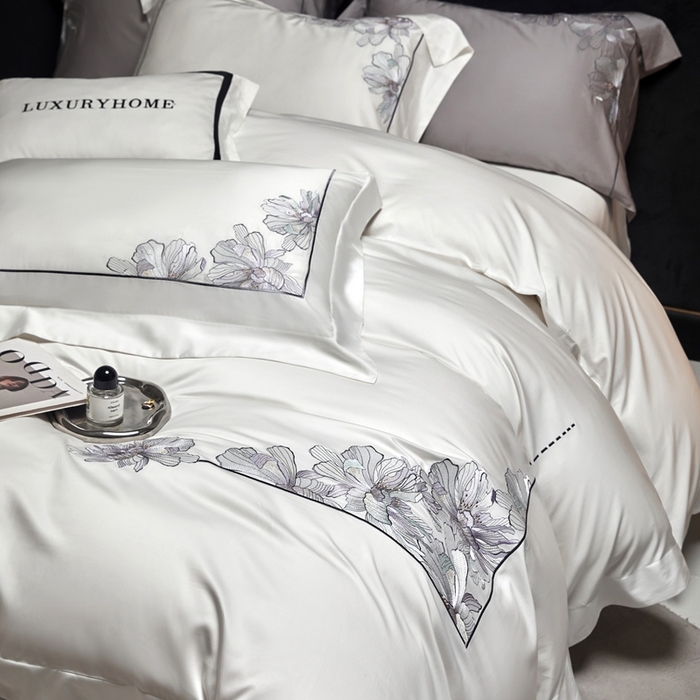 91家纺网 家纺一手货源 找家纺 榻尚家居 2024新款纯色绣花天丝棉四件套 丽芙 白