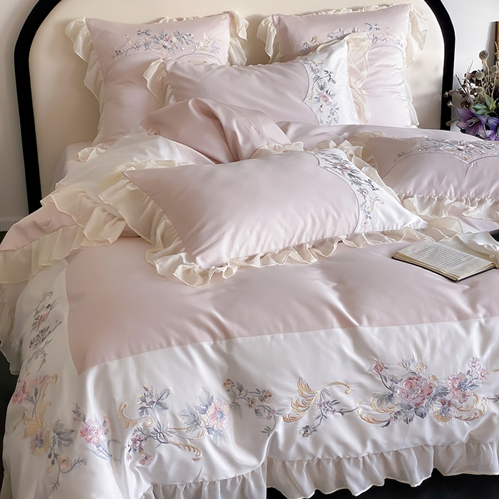 91家纺网 家纺一手货源 找家纺 品家居 2025新款全棉100支长绒棉刺绣四件套-夏洛特 粉