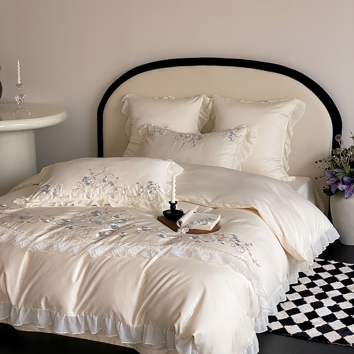 91家纺网 家纺一手货源 找家纺 品家居 2025新款全棉100支长绒棉刺绣四件套-梦里花开 浅香槟