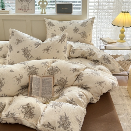 91家纺网 家纺一手货源 找家纺 （总）山舍2024新款母婴级全棉双层纱印花四件套