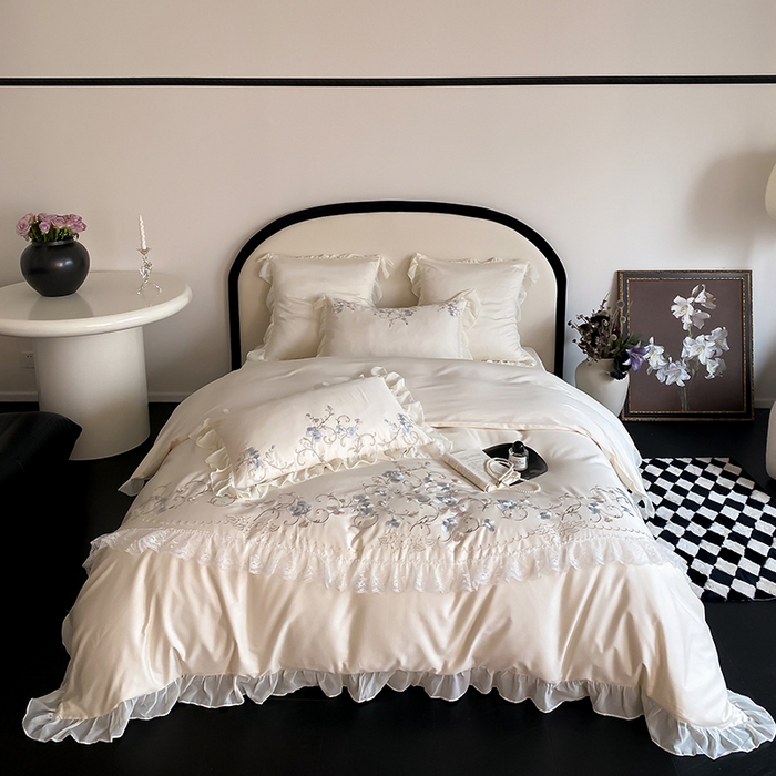 91家纺网 家纺一手货源 找家纺 品家居 2025新款全棉100支长绒棉刺绣四件套-梦里花开 浅香槟