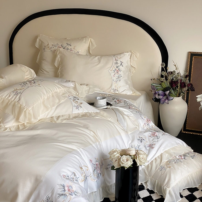 91家纺网 家纺一手货源 找家纺 品家居 2025新款全棉100支长绒棉刺绣四件套-夏洛特 浅香槟