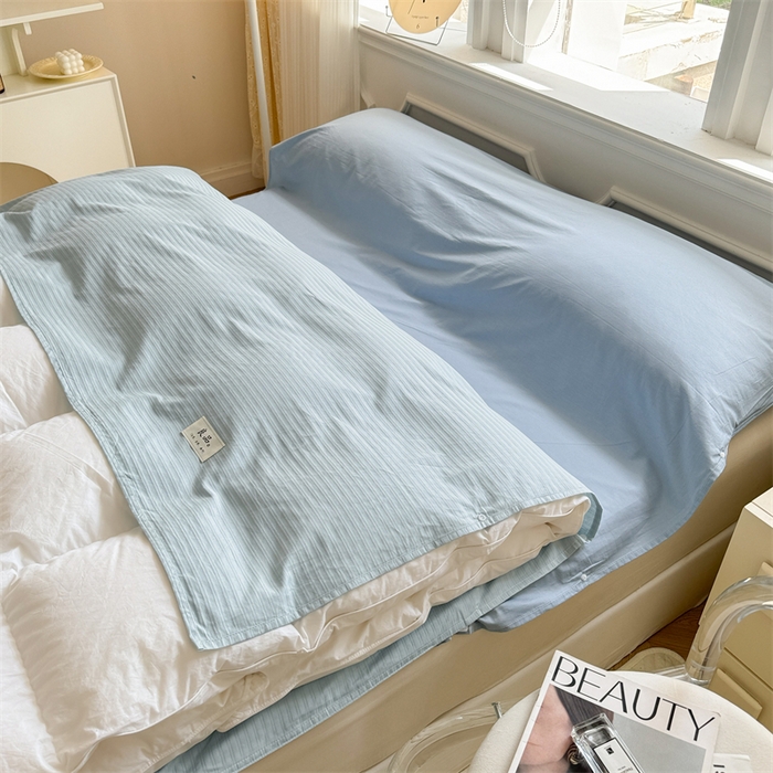 91家纺网 家纺一手货源 找家纺 2024新款60贡缎提花 旅行睡袋场景二自然光 睡袋-提花雅蓝