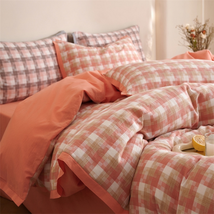 91家纺网 家纺一手货源 找家纺 榻尚家居  2024新款经典田园格子色织水洗棉系列 轻居 橘