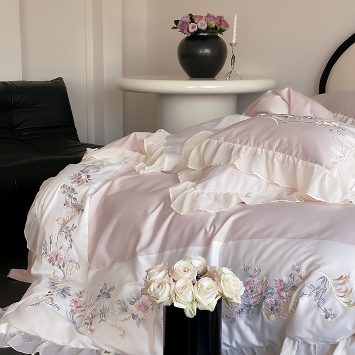 91家纺网 家纺一手货源 找家纺 品家居 2025新款全棉100支长绒棉刺绣四件套-夏洛特 粉