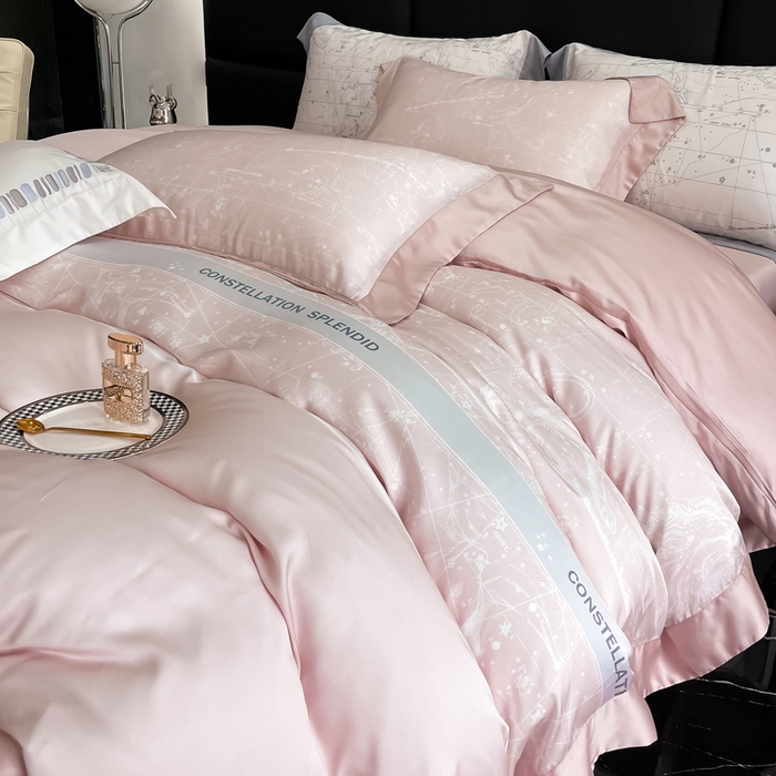 91家纺网 家纺一手货源 找家纺 若未家居2025新款50支兰精天丝轻奢风数码印花套件 狮子座  狮子座 浅粉