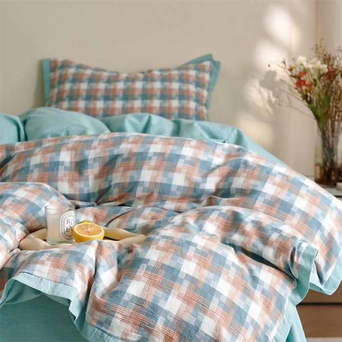 91家纺网 家纺一手货源 找家纺 榻尚家居  2024新款经典田园格子色织水洗棉系列 轻居  蓝