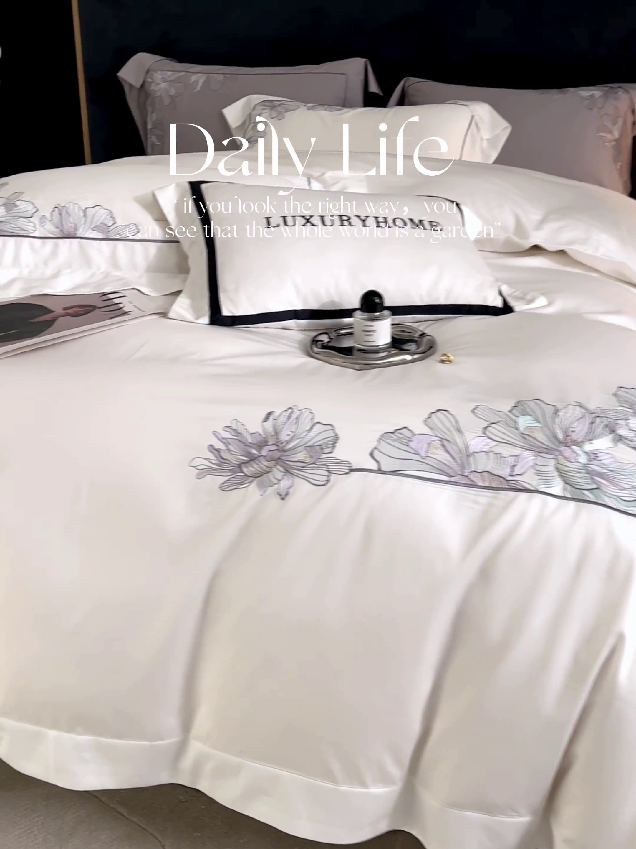 91家纺网 家纺一手货源 找家纺 榻尚家居 2024新款纯色绣花天丝棉四件套 丽芙 白